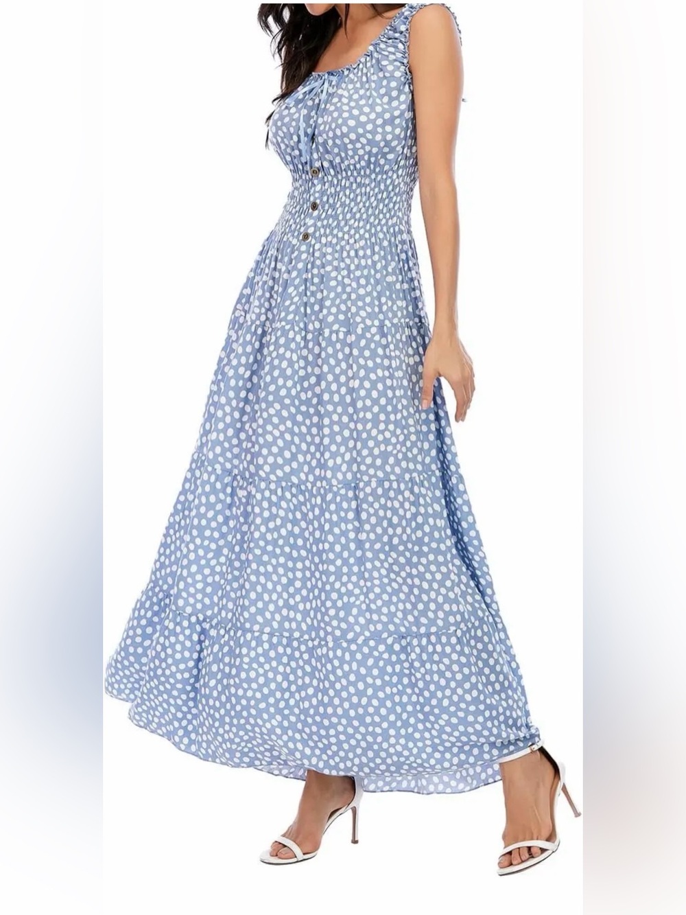 Blue White Polka Dot Boho MILKMAID Dress Peasant Sundress Smocked Maxi Dress S